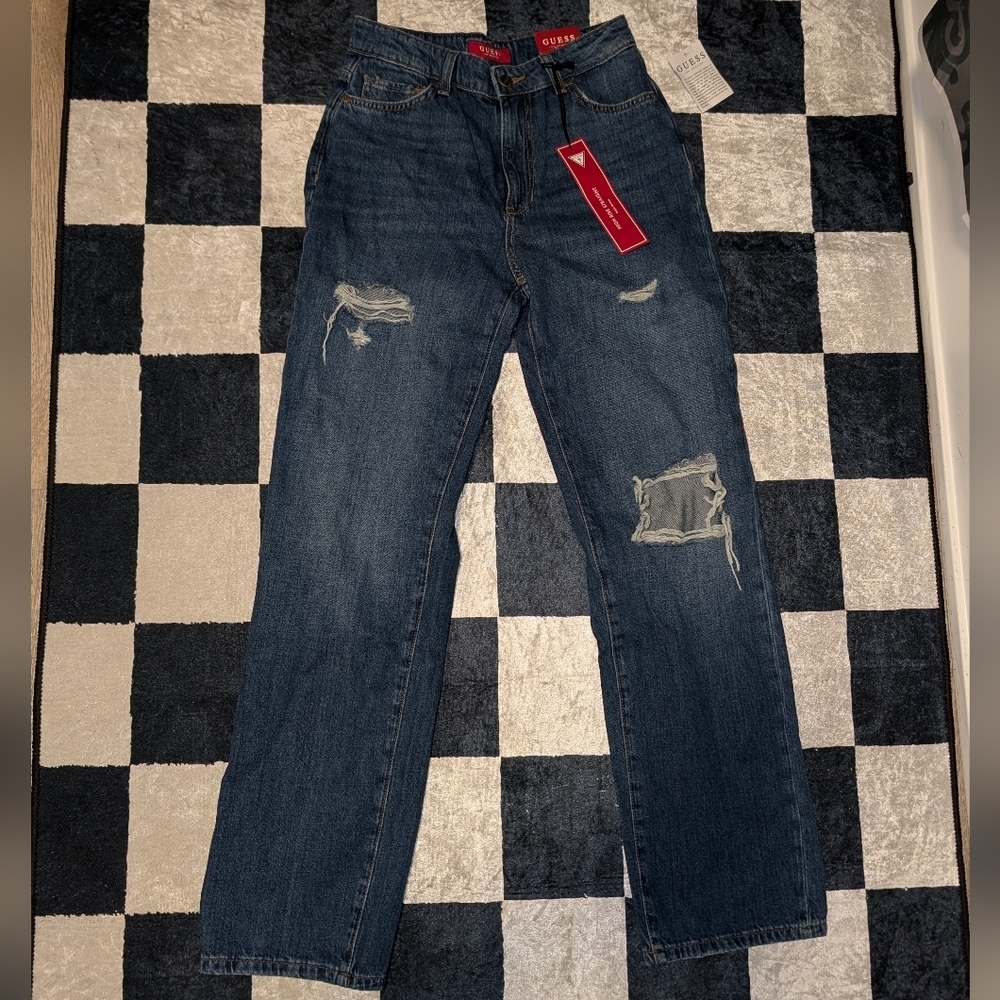 Guess Womens Distressed Straight Leg Dark Blue Jeans- New NWT